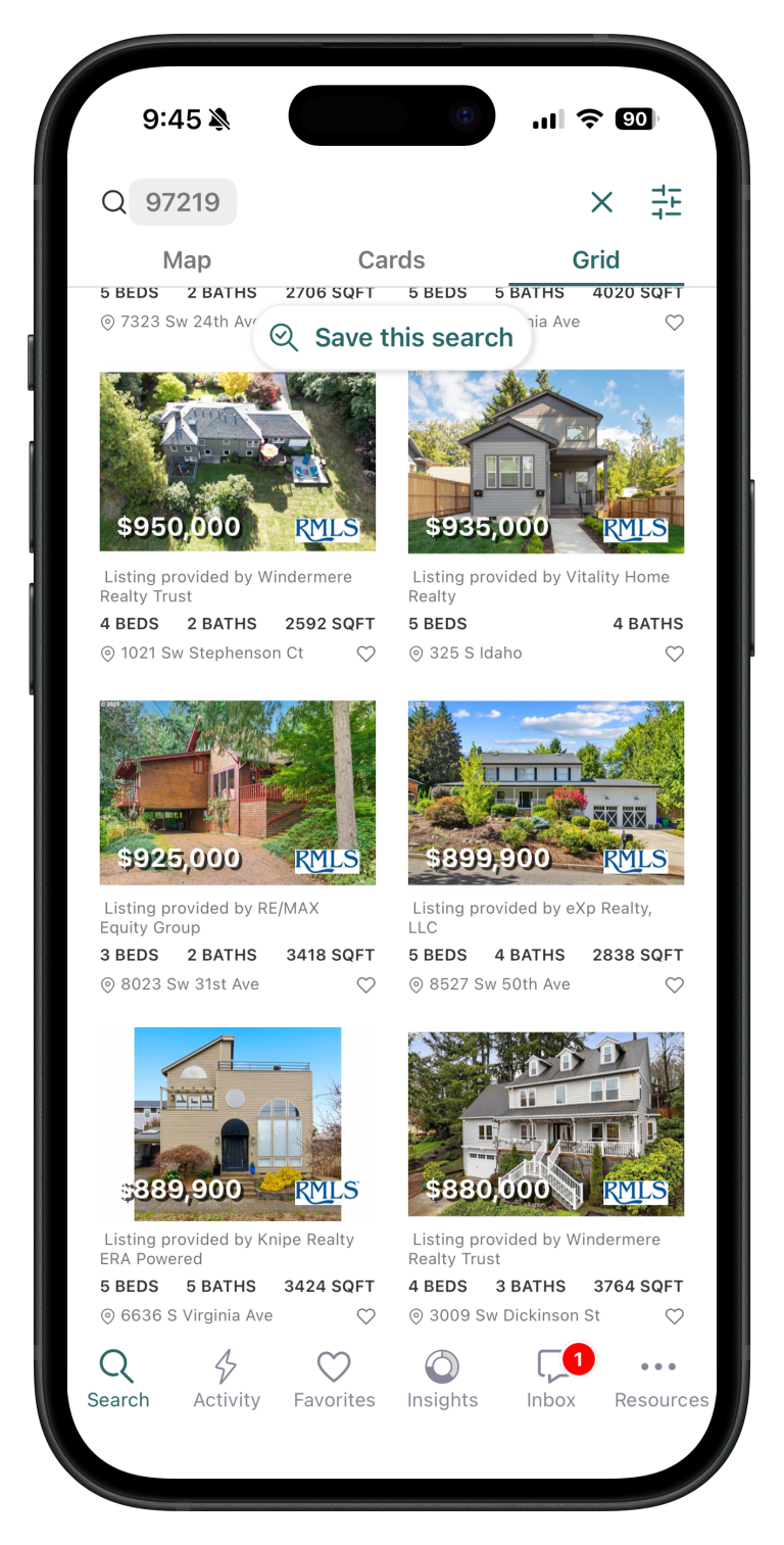 Lovejoy Real Estate app showing Portland home search results
